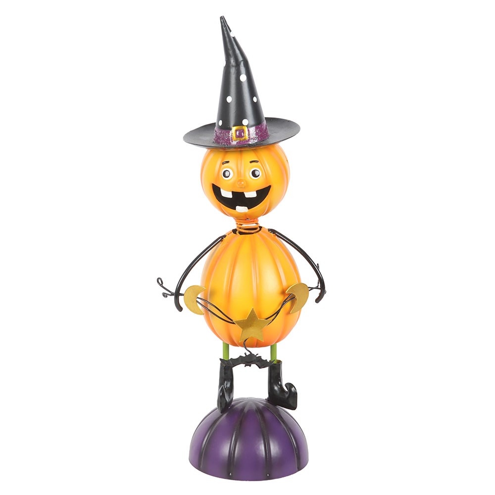 Something Different - Orange Metal Pumpkin Man Ornament with Witch Hat Garden figure - Multicolours